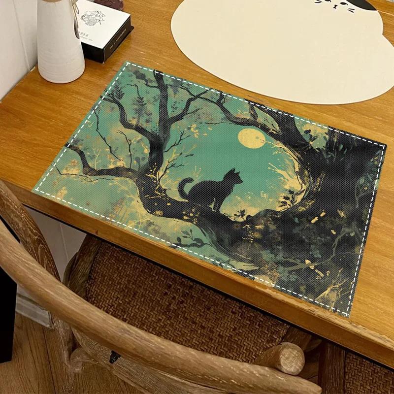 1PC Cartoon Black Cat Print Placemat Dining Table Decor Linen Tableware Coaster Set Kitchen Accessories For Kids Birthday Party