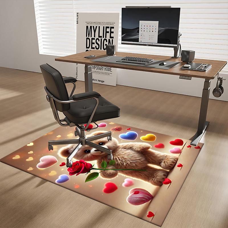 1pc Teddy Bear with Rose Chair Mat - Anime Cartoon Design, Valentine's Day Gift, Non-Slip Carpet for Office and Home Decor.C001
