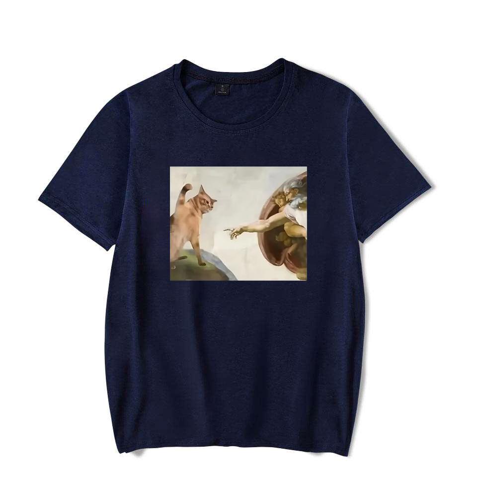 Lustiges Katzen Gott Adam Schöpfung Meme Muster Unisex Damen T-Shirt Lässig Kurzarm Jesus Bild Unisex T-Shirt Rundhals Tee Tops