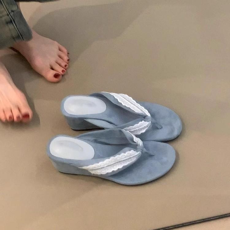 Soft Leather Version~ Retro New Dopamine Toe Flip-flops Women's Lace Suede One-pedal Lazy Wedge Heel Sandals
