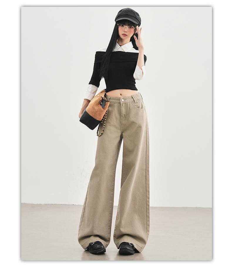 Romon Autumn/Winter Jeans Women's American Khaki High Waist Straight Tube Versatile Loose Look Thin Wide Legs Floor length Pants