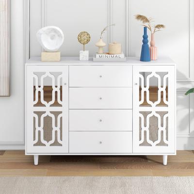 Verspiegelte Sideboard, Modernen Kommode mit 2 Türen & 4 Schubladen, Schrank mit Kristallgriffen, für Wohnzimmer, Esszimmer & Schlafzimmer