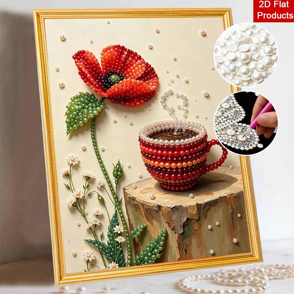 Elegant Framed Pearl Art DIY Set with Poppy Coffee Cup 5D Sparkling Bead Canvas Painting Ready to Display Romantic Home Decor Art Gift
