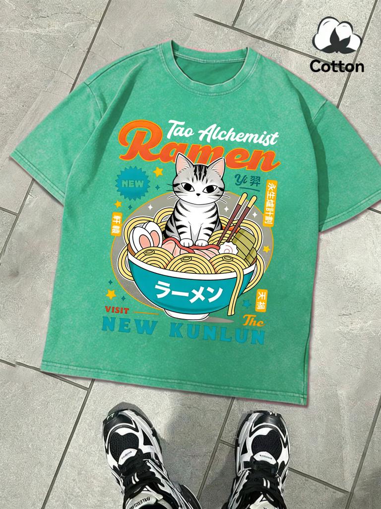A Cat With A Bowl Of Noodles Printed Washed TShirt Men Comfortable Cotton Soft Tee Casual Loose Unisex Retro Clothing