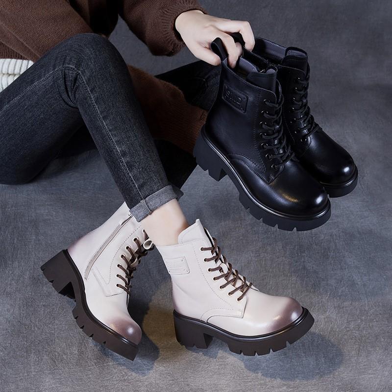 Johnature Genuine Leather Wool Short Boots Warm Snow Boots Thick Heel Thick Soled Women's Boots