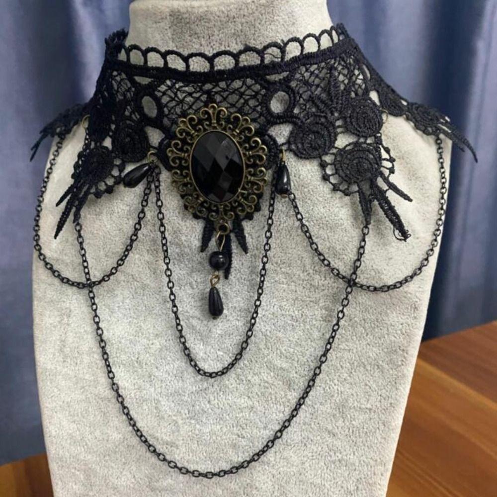 Steampunk Gothic Necklace Clavicle Chain Punk Retro Necklace Black Lace Choker  Halloween Party