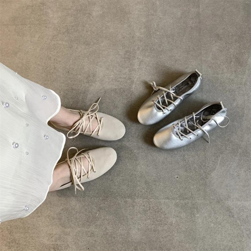 Spring 2025 Women's Ballet Flats Soft Low Heel Flat Shoes Casual Versatile Comfortable Round Toe Leather Shoes