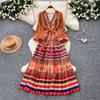 Bohemian Print Dress Women's V-neck Long-sleeved Waist Strap A-word Long Dress Elegant Vacation Style Autumn