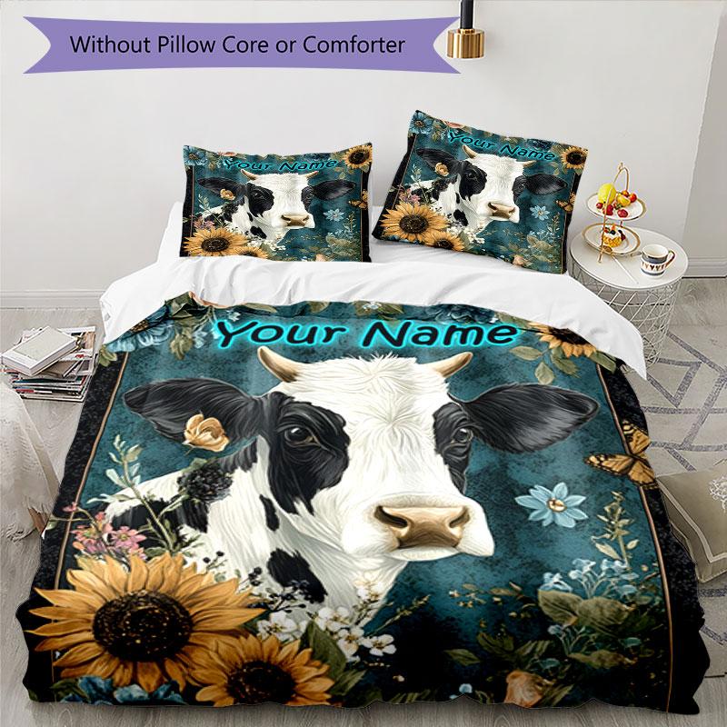 3pcs Custom Name Cow Portrait Flowers Bedding Set Printed Bedding Set Duvet Cover Closure Includes 1 Duvet Cover & 2 Pillowcases Bedroom Decor