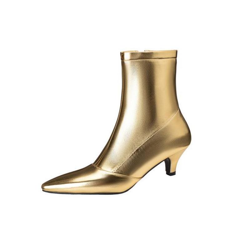 Autumn and Winter Gold Women's Fashion Boots Solid Color Rubber Sole Pointed Middle Heel Large Size Women's Boots Zipper Stiletto Medium Boots