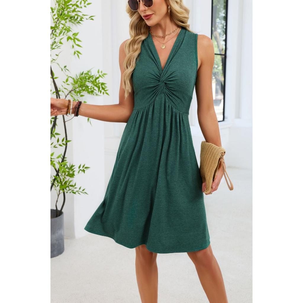 Women's Solid Color Sleeveless V-neck Tie Front Midi Dress, Spring Summer Casual Dress Women, Daily Outfit Cross-border Women Clothing