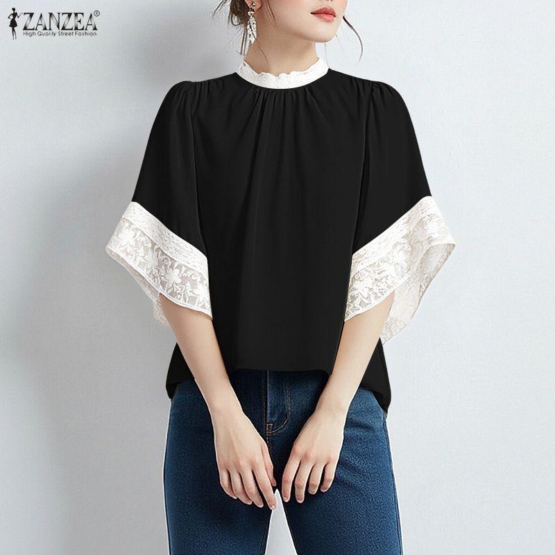 ZANZEA Women Casual Round Neck Lace Splice 3/4 Sleeve Loose Blouse