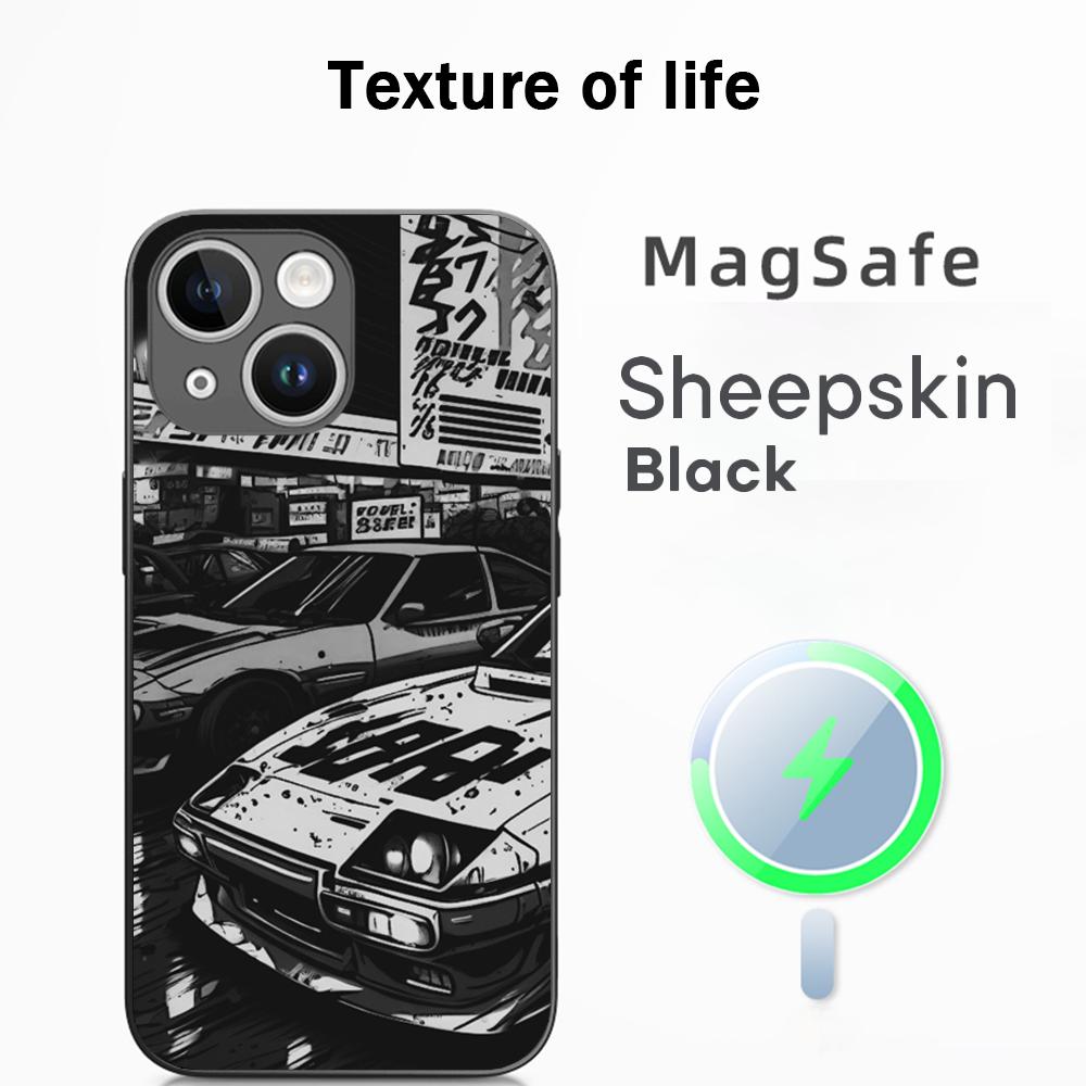 Initial D Super cool racing pattern Phone Case For iPhone 16 15 14 13 12 11 Plus Pro Max High-end Luxury Magsafe Sheepskin