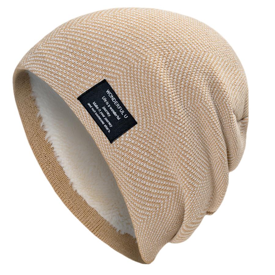 Herren Slouchy Strickmützen Gefütterte Warme Sport-Beanie Lässige Label-Deko Wintermützen