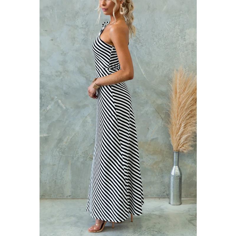 YYFS Women's Fashion Summer Spring Stripe Print Sleeveless Oblique Collar High Waist Casual Dresses