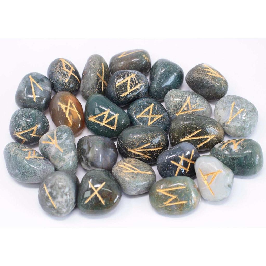 Moss Agate Rune Stones 25-Piece Set With Pouch