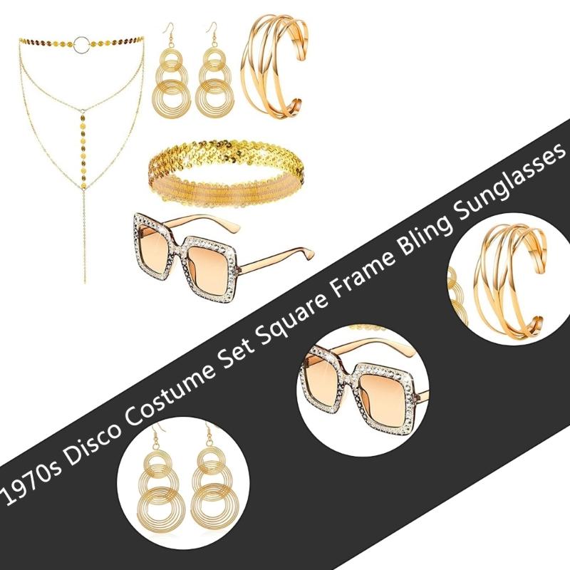 5 Peças Bijuteria Fantasia Disco Anos 1970, Óculos de Sol Brincos Colar Tiara Pulseira, para Mulheres Festa Temática Disco Anos 70/80