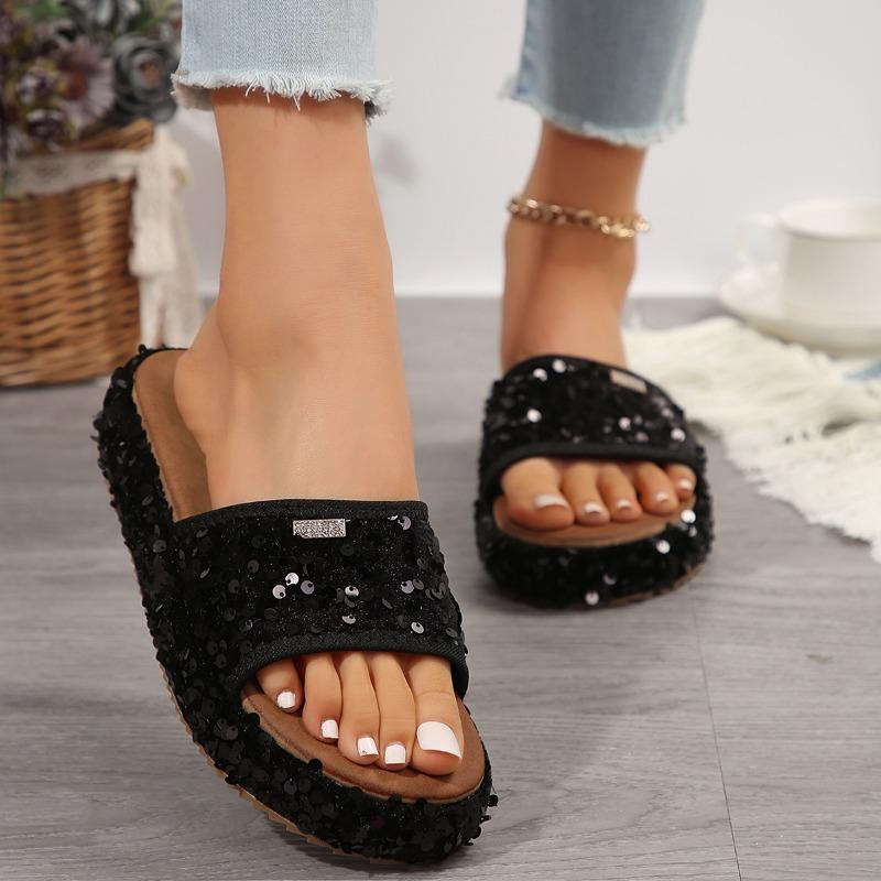 Fashion New Summer Slippers Women Fashion Round Head Open-toe Sequin Cloth Thick Soled Anti-slip Wear-resistant Sandals