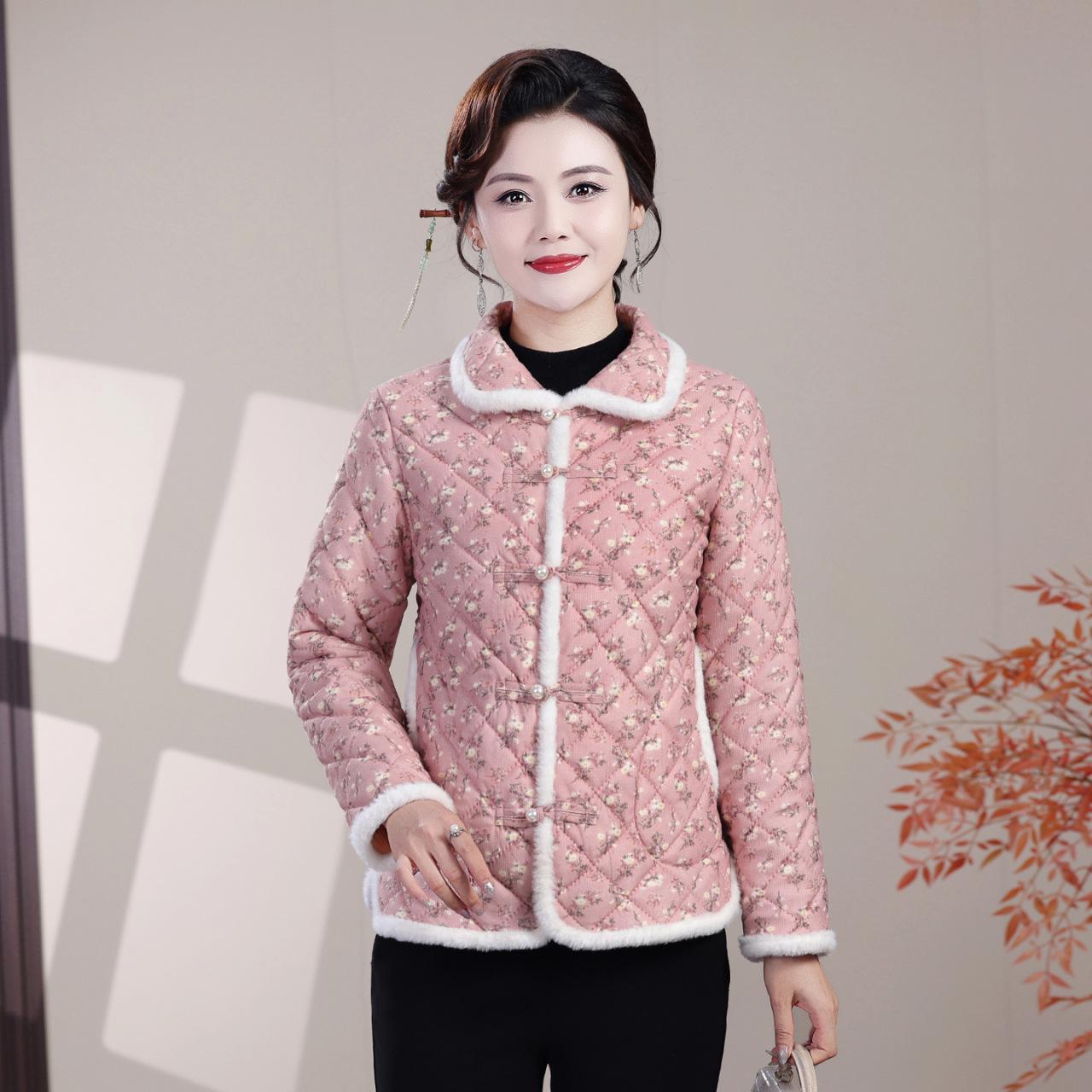 

2025 Autumn/Winter Women s Retro Lightweight Warm Cotton Coat for Middle-Aged and Elderly, Fleece-Lined Jacket Outerwear 5XL for 135-145 jin рожевий