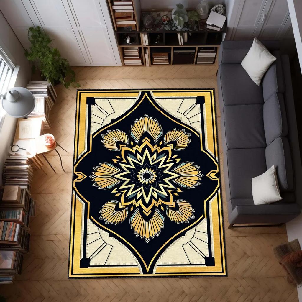 Blue Art Deco Area Rug Geometric Vintage Style Carpet Bold Glam Floor Mat for Modern, Elegant Rug Luxury Home Decor, Modern Rug