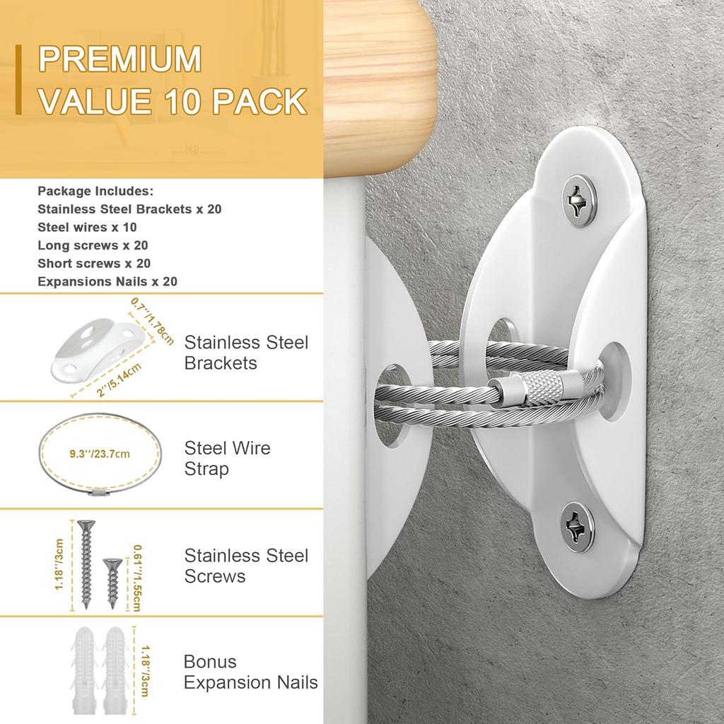 Furniture Anchors (10 Pack) for Baby Proofing, Furniture Straps Anti Tip Furniture Anchor Securing 400 lbs/Keep Baby Pet Safety from Falling Furniture