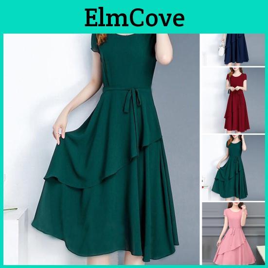 Patchwork Aline Lady Summer Dress Midi Dress O Neck Short Sleeves Laceup