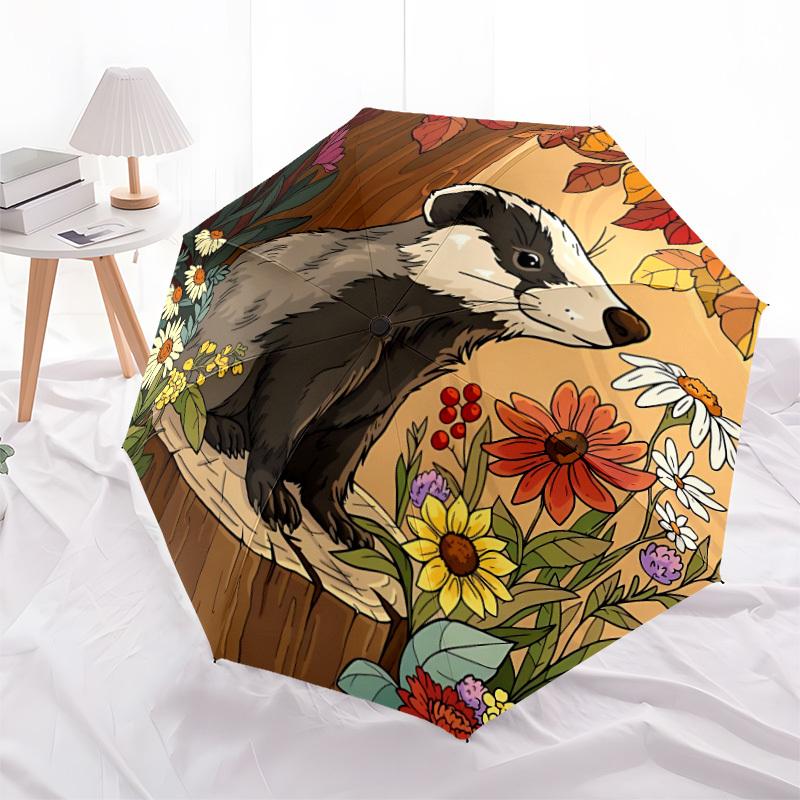 1pc Badger Forest Flowers Automatic Folding Umbrella, 8-Rib Iron Frame, Casual Outdoor Accessory for Birthday Festival Gifts Yy251128105