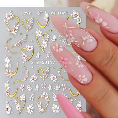 Nail Art Sticker, Embossed 5D Small Flower Bronzing Valentine'S Day Flower Love English Adhesive Nail Sticker