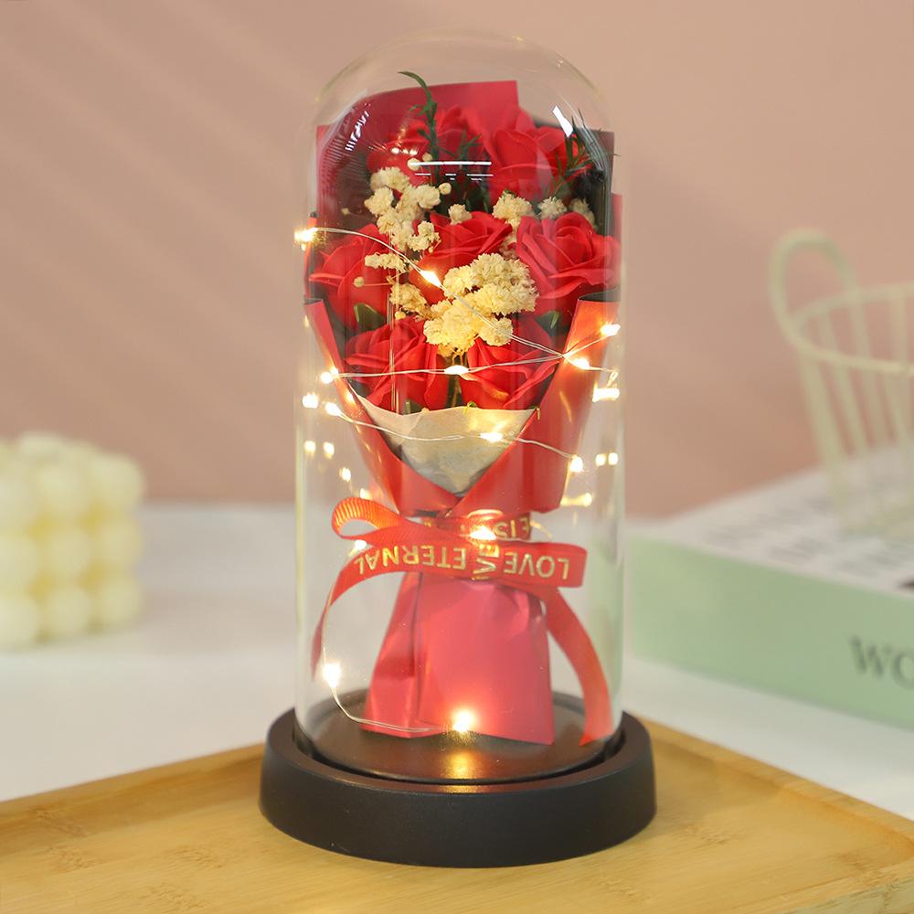 Glass cover exquisite ornament eternal dried flower rose soap bouquet Qixi Festival Valentine's Day birthday gift for boyfriend and girlfriend