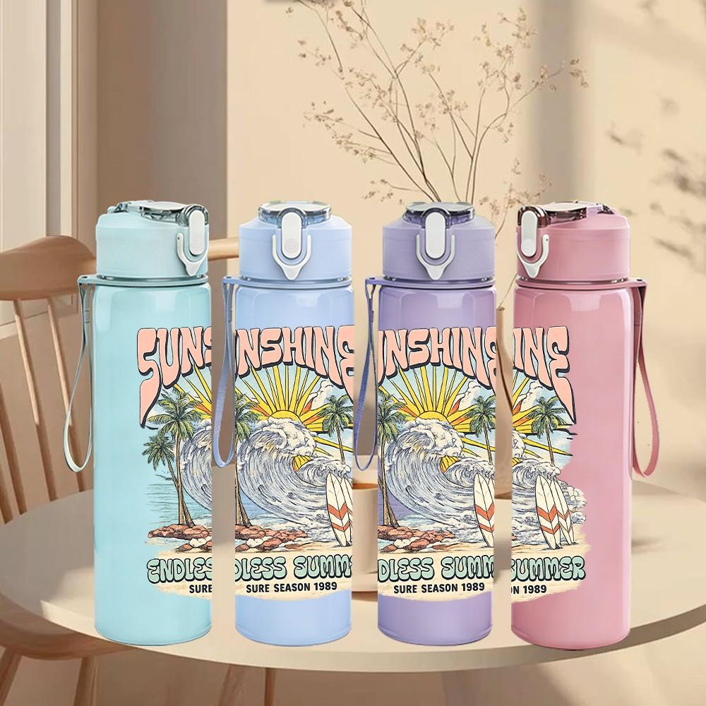 1PC Beach Wave Retro Poster Print 750ml Color Plastic Sports Water Bottle Leakproof Flip Straw Lid Suitable for Sports Office Home Use