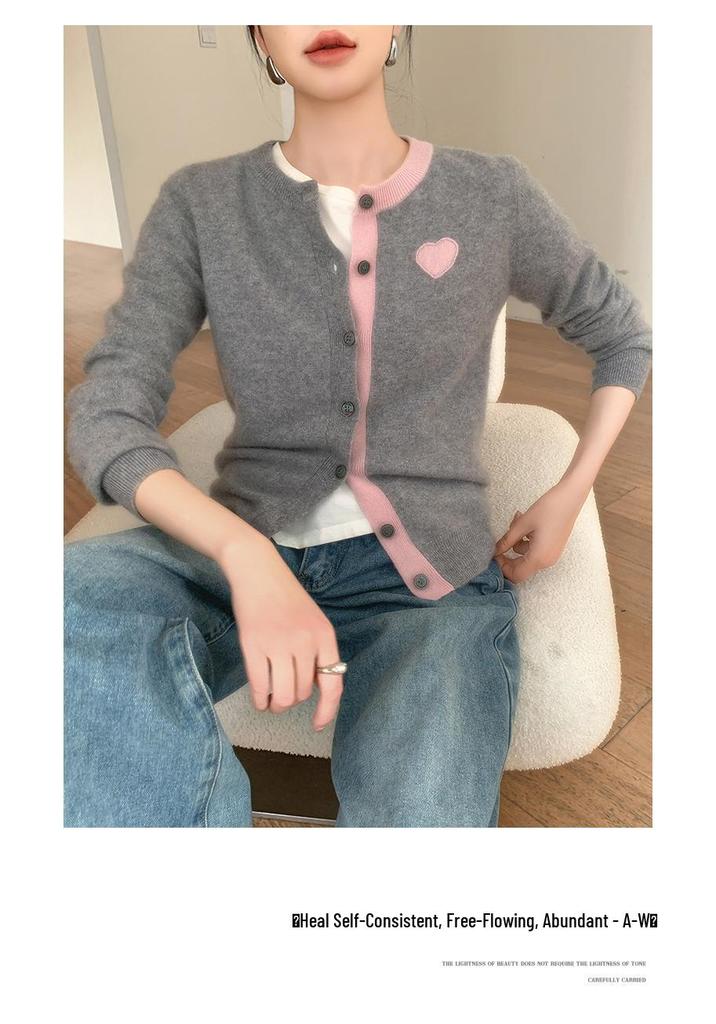 Women's Cashmere Cardigan: Color Block, Round Neck, Sweetheart Embroidery, Loose Fit Sweater.