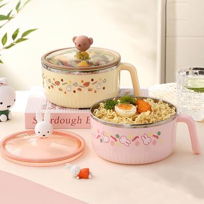 Round Instant Noodle Bowl with Lid Student Rice Bowl Cartoon Cute Portable Fast Food Bowl Lunch Box