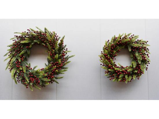 Handmade Christmas Wreath with Red Berries & Green Leaves on Steel Ring for Door Decoration