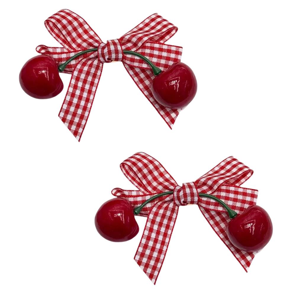 Pack of 2 Checked Bows Cherry Hair Clip with Metal Teeh Grip NonSlip Lovely Barrettes for Girls Women Everyday Wear