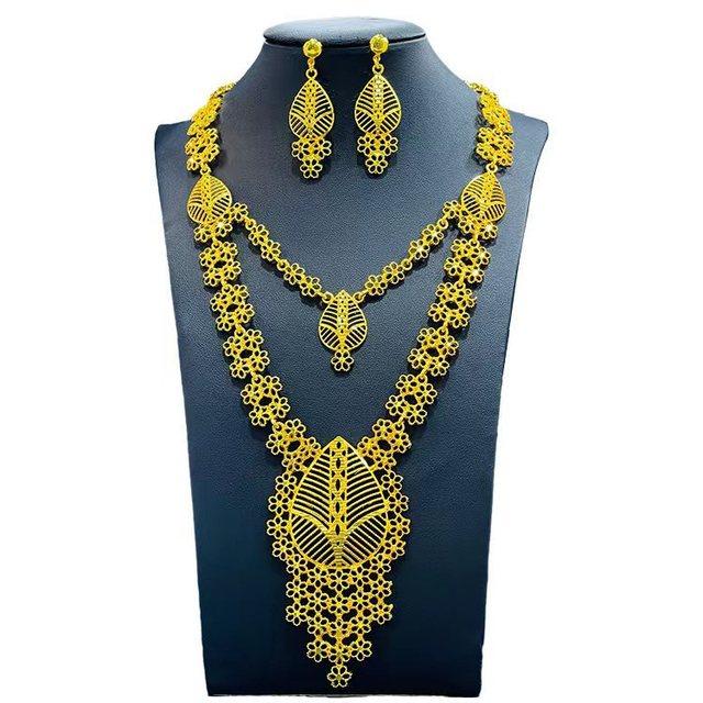 

Популярний 24-каратний позолочений сплав Дубай Набір ювелірних виробів для жінок Намисто Сережки Індійська Індонезія Наречена Весільний набір із двох частин