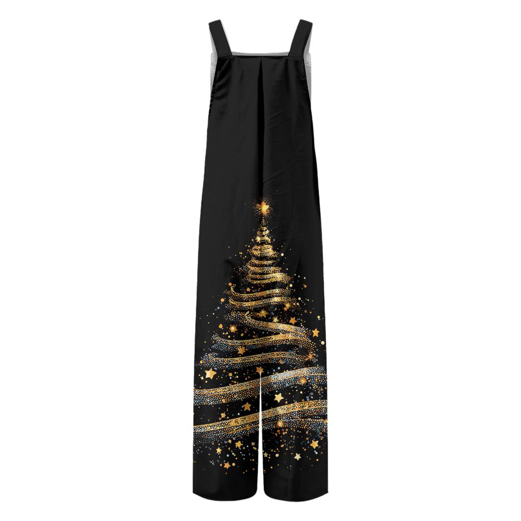 Women's Christmas Print Solid Wide Leg Strapless Tank Pocket Casual Onesie