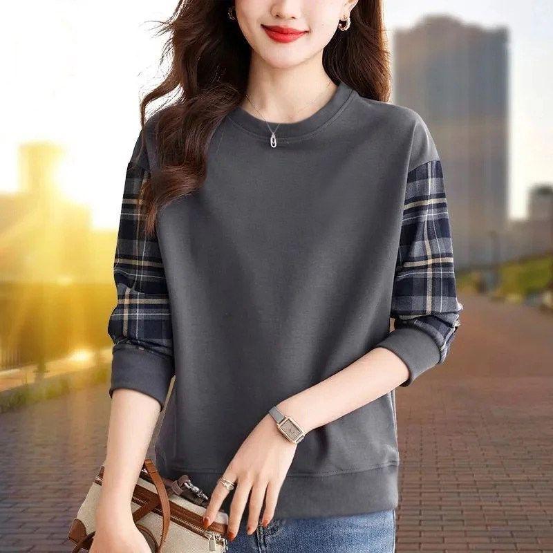 

Foreign Trade Export Brand Pure Cotton Long-Sleeve Stylish Sweatshirt for Women, Autumn Versatile Slim-Fit Casual Color-Blocked Base Shirt Trendy Gray (Solid Color) XXL (Recommended 72.5-80kg)