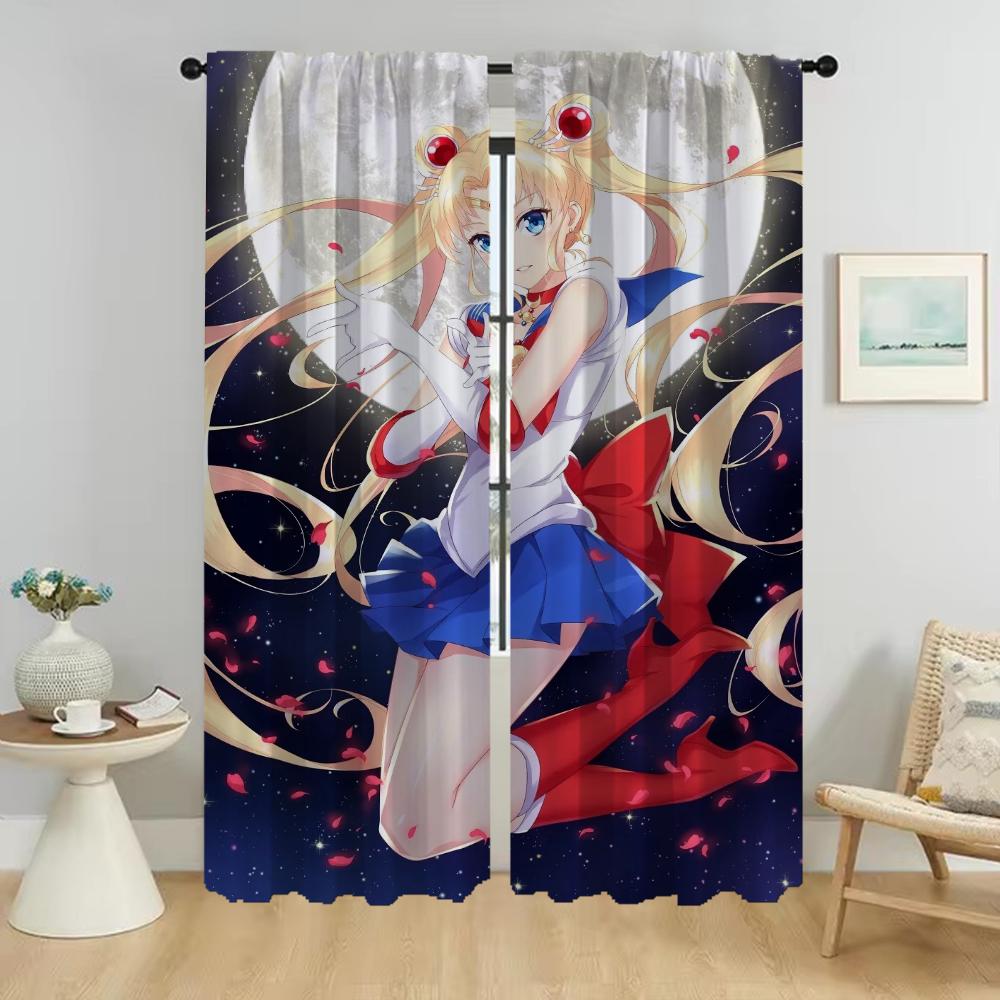 

Window Curtain Room Panel Sailormoons Curtains Tulle Bedroom Shades Home Interior Partition Living Darkening Polyester Ideal For Sleeping Area W100*H130(CM)-Rod Pocket&2PCS