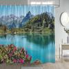 Natürliche Rustikale Landschaft Duschvorhänge See Berg Bäume Blumen Pflanze Badevorhang Für Badezimmer Dekoration Polyester Stoff Set