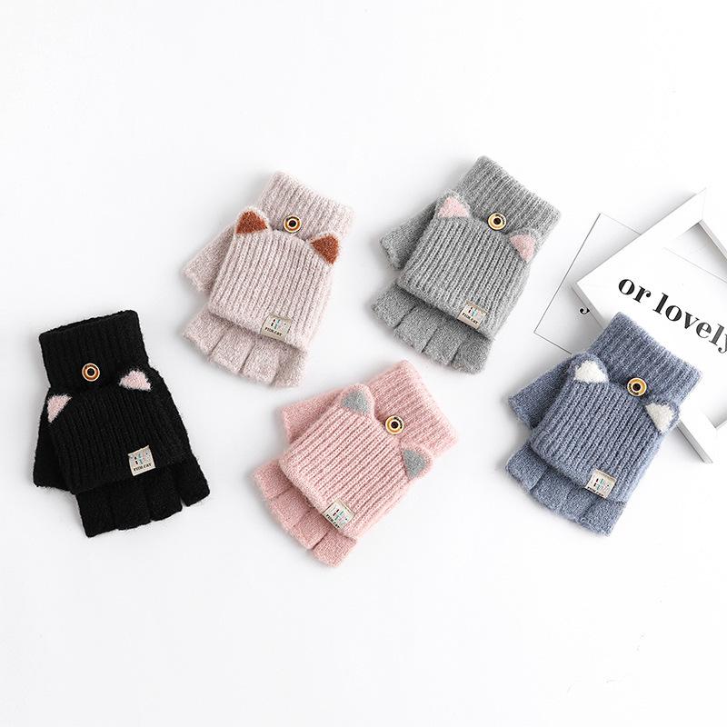 1Pair Cute Mittens Flip Half Finger Glove For Women Girls Winter Soft Warm Thick Gloves Student Cold Resistant Writing Gloves