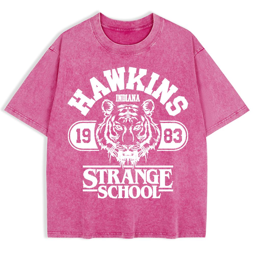 Hawkins Strange School Prints Washed T-Shirts Mens Cotton Short Sleeve Tops Summer O-Neck Oversize T Shirt Clothes