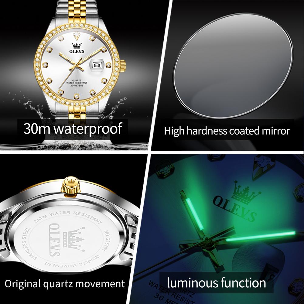 OLEVS 3629 Original Quartz Movement Watch Diamond Luminous 30m Waterproof Stainless Steel Bracelet Classic Dial Men Women Watch