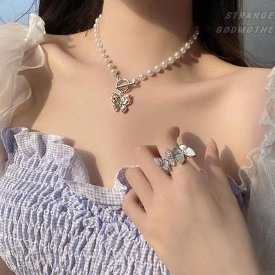 Japan and Korea Super Fairy Diamond Pearl Butterfly Collarbone Chain Earth Cool Dancing Choker Collar Necklace Necklace Trendy Girl