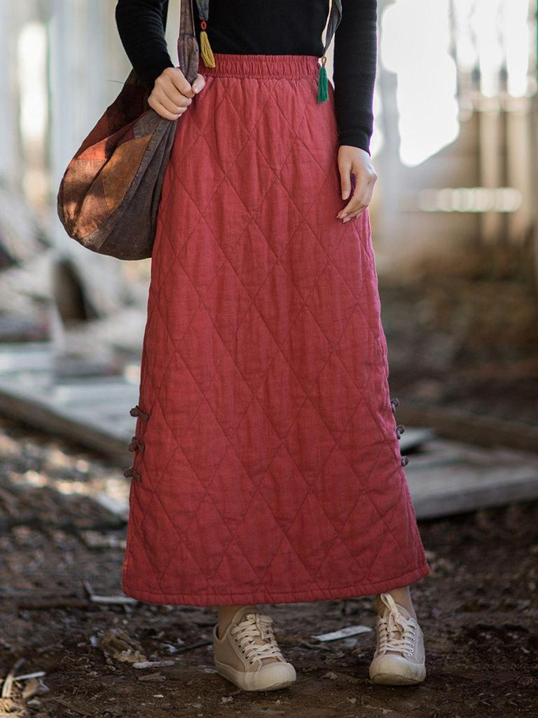 Women's Ethnic Style Quilted Long Skirt - Winter Warmth, Solid Color, Chinese Knot Design.