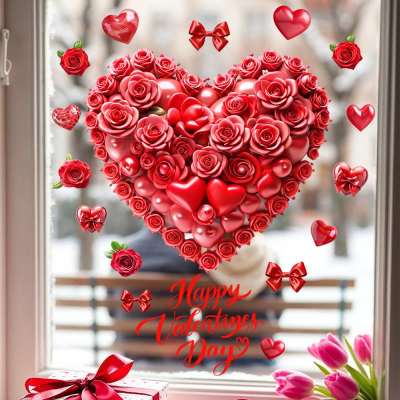Romantic Red Rose Heart-Shaped Window Stickers for Valentine's Day, Home Decorations
