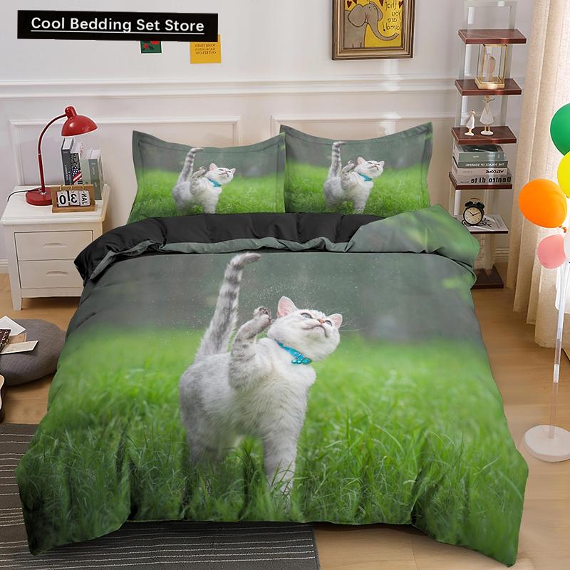 Super Cute Kitten Kids Bedding Set Kawaii Girl Quilt Cove King Queen Size Cat Animal 2/3pcs Polyester Duvet Cover (No Sheet)