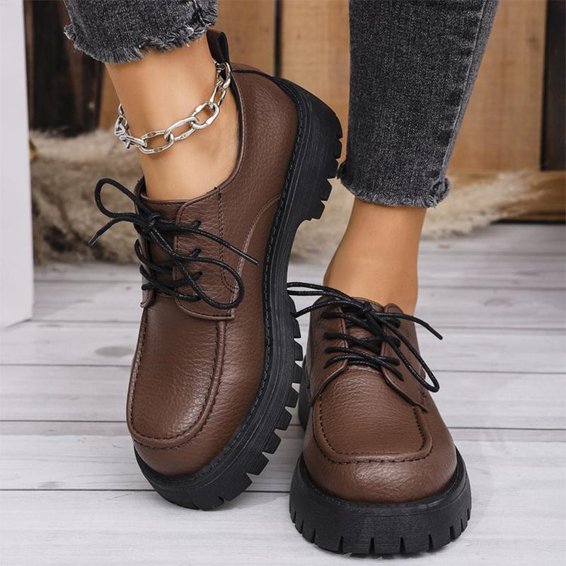 Fashion Black Brown Pu Leather Loafers Shoes for Women Plus Size Platform Casual Shoes Woman Classic Lace Up Wear Resistant Shoes Ladies