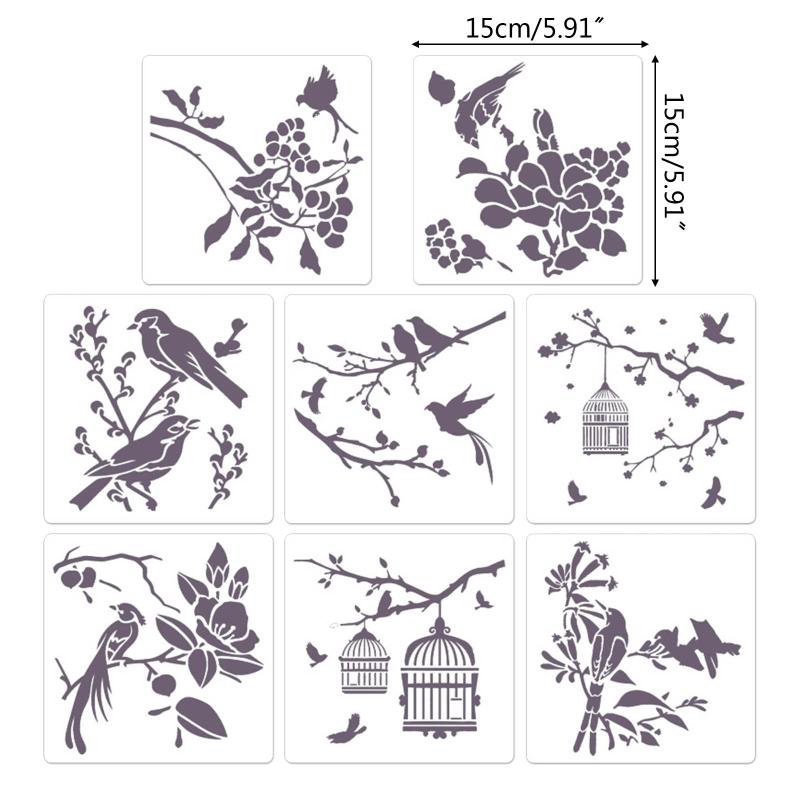 8x Retro Blumen Vögel Malvorlagen Schablone Flexibel für Geschenkkartenherstellung