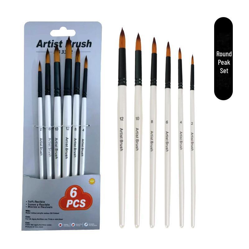 

Набор кистей для масляной живописи с белой ручкой, нейлоновый ворс, деревянные кисти для гуаши, акварели, акрила для детских художественных принадлежностей 6-Piece Round Peak Set белый