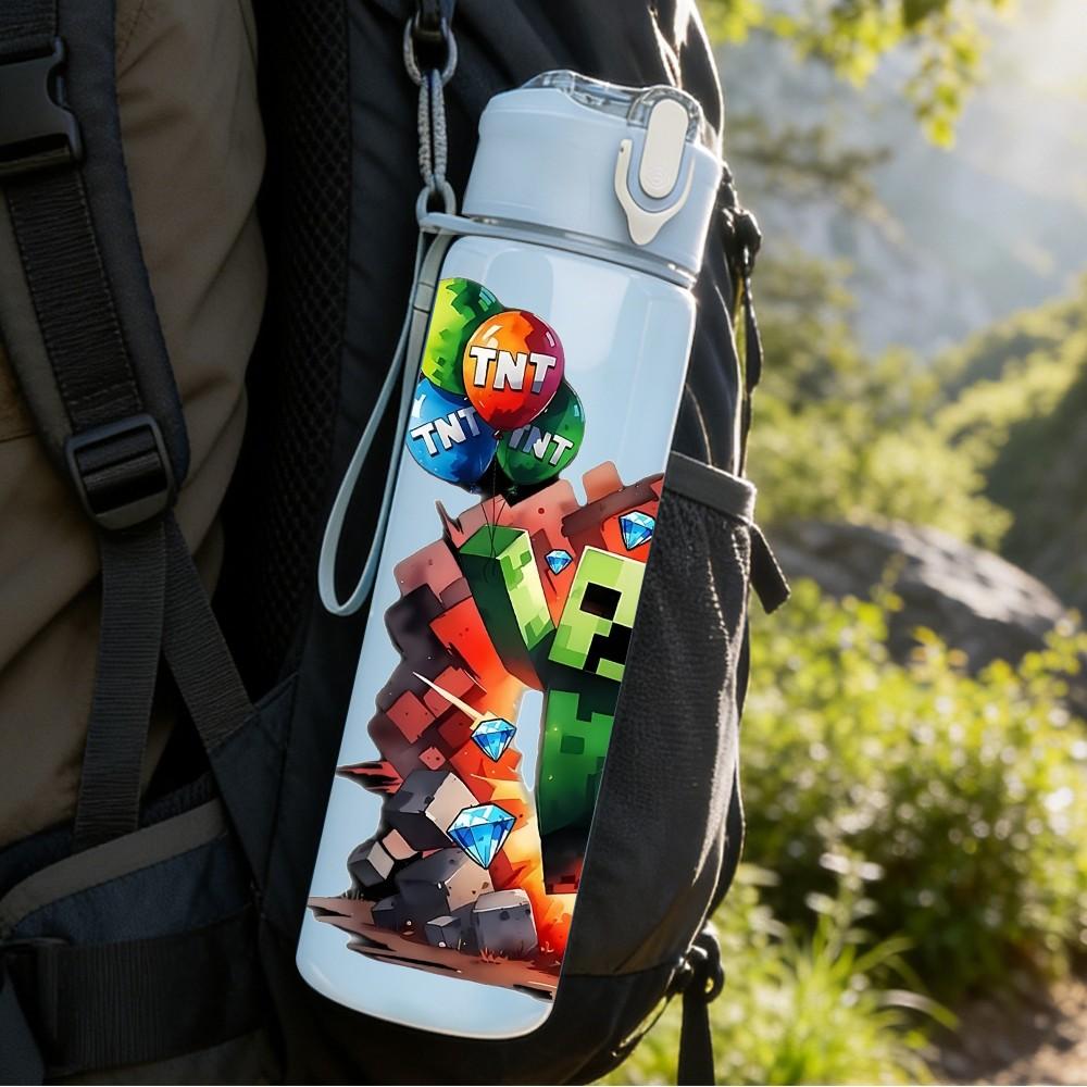 1PC Minecraft Creeper Fire Explosion Print 750ml Color Plastic Sports Water Bottle Leakproof Flip Straw Lid Suitable for Sports Office Home Use